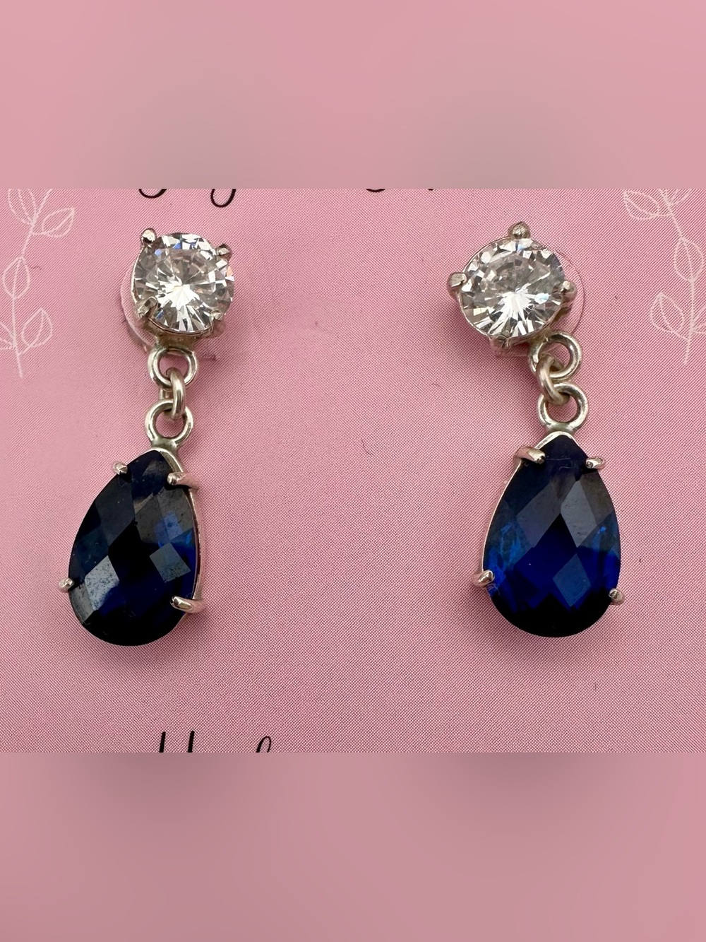 Silver 925 Crystal Drop Earrings with Deep Blue Teardrop Stones